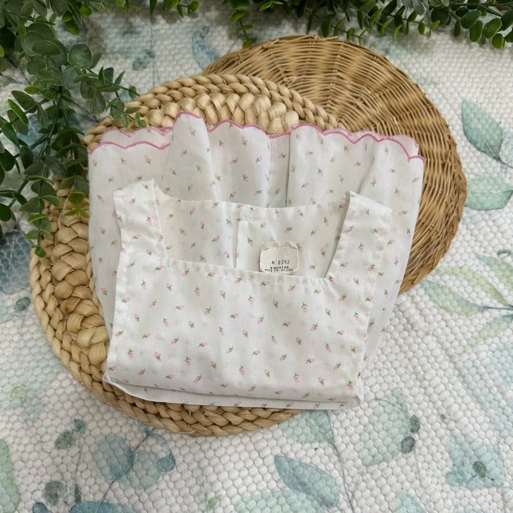 Vintage Baby Girl Delicate White Pink Tulip Floral Jumper Dress Size 9 Months